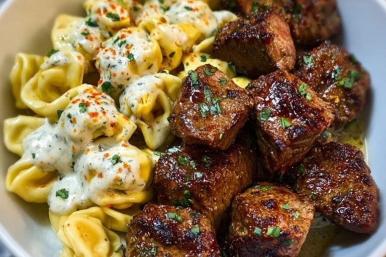 Garlic Butter Steak Bites with Creamy Parmesan Tortellini and Garlic Sauce