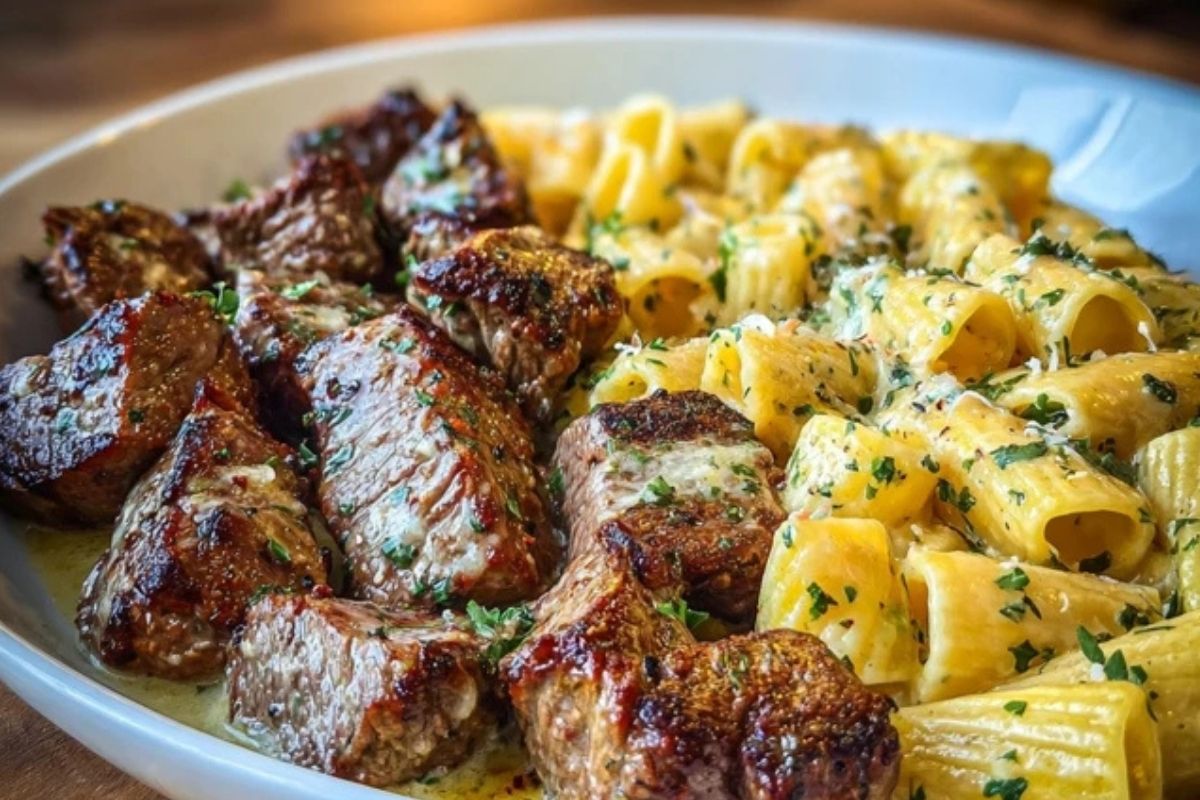 Garlic Butter Steak with Creamy Parmesan Rigatoni