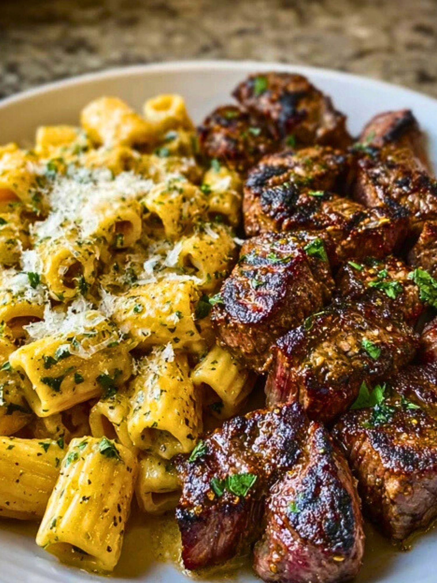 Garlic Butter Steak with Creamy Parmesan Rigatoni