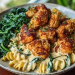 Garlic Parmesan Chicken Bites with Hot Cajun Alfredo & Crispy Spinach Twists