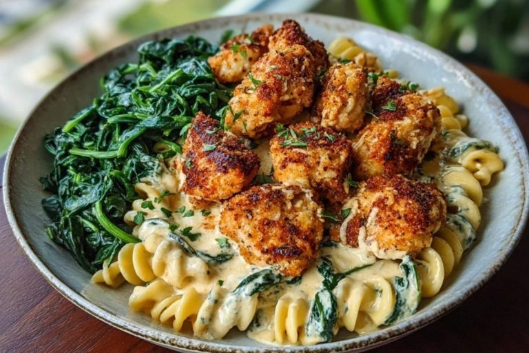 Garlic Parmesan Chicken Bites with Hot Cajun Alfredo & Crispy Spinach Twists
