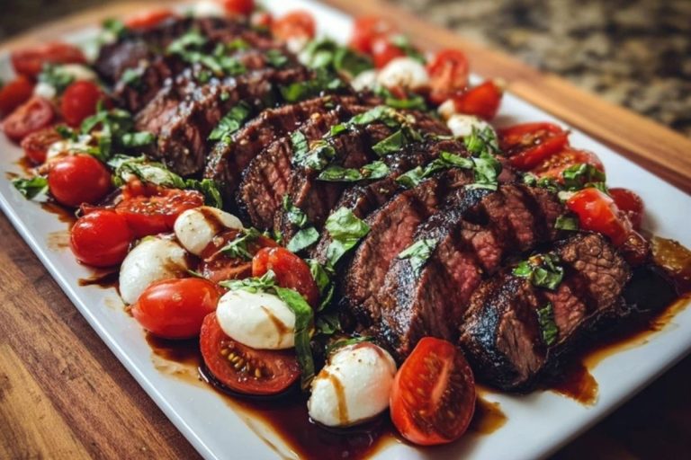 Grilled Balsamic Steak Caprese with Mozzarella, Tomatoes, and Basil