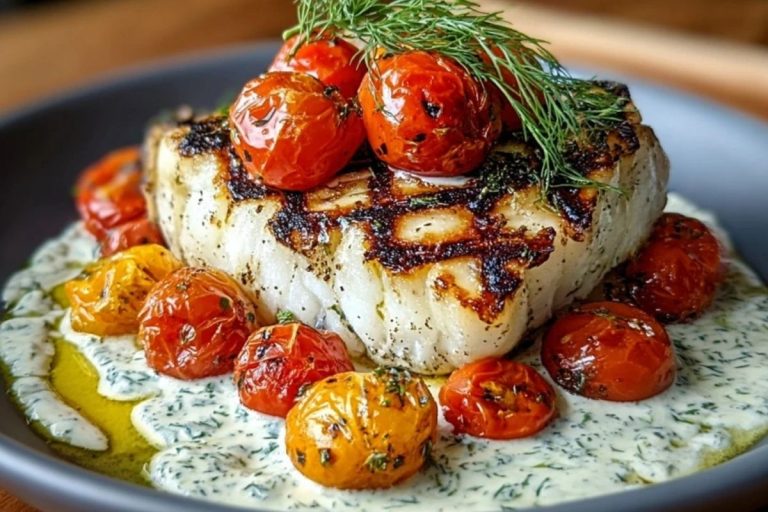 Grilled Cod with Roasted Tomatoes & Creamy Dill Sauce