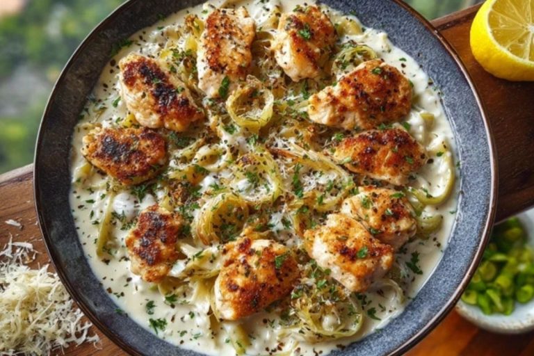 Herbed Chicken Alfredo with Truffle Feta Cream & Crispy Parmesan Leeks