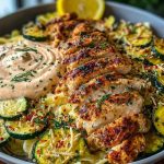 Lemon Dill Chicken Alfredo with Roasted Red Pepper Whipped Feta & Crispy Parmesan Zucchini
