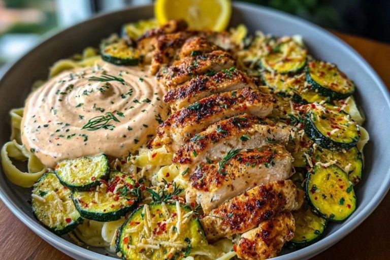 Lemon Dill Chicken Alfredo with Roasted Red Pepper Whipped Feta & Crispy Parmesan Zucchini