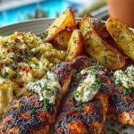 Smoked Paprika Chicken Alfredo with Feta-Tahini Cream & Crispy Brussels-Potato Combo Wedges