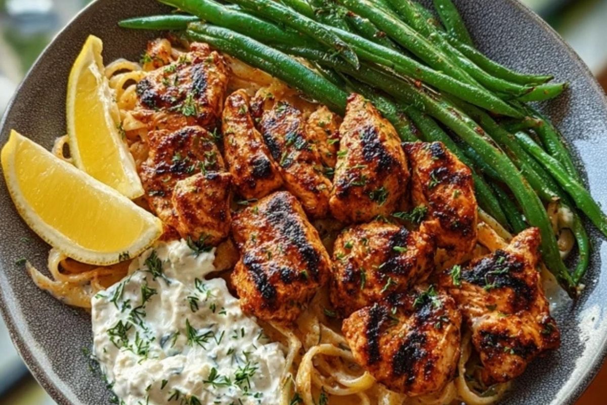 Smoky Paprika Chicken Alfredo with Lemon Feta Whip & Charred Green Beans