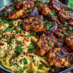 Spicy Whipped Feta Chicken Alfredo with Crispy Eggplant Wedges & Chili Oil Drizzle