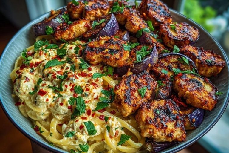 Spicy Whipped Feta Chicken Alfredo with Crispy Eggplant Wedges & Chili Oil Drizzle