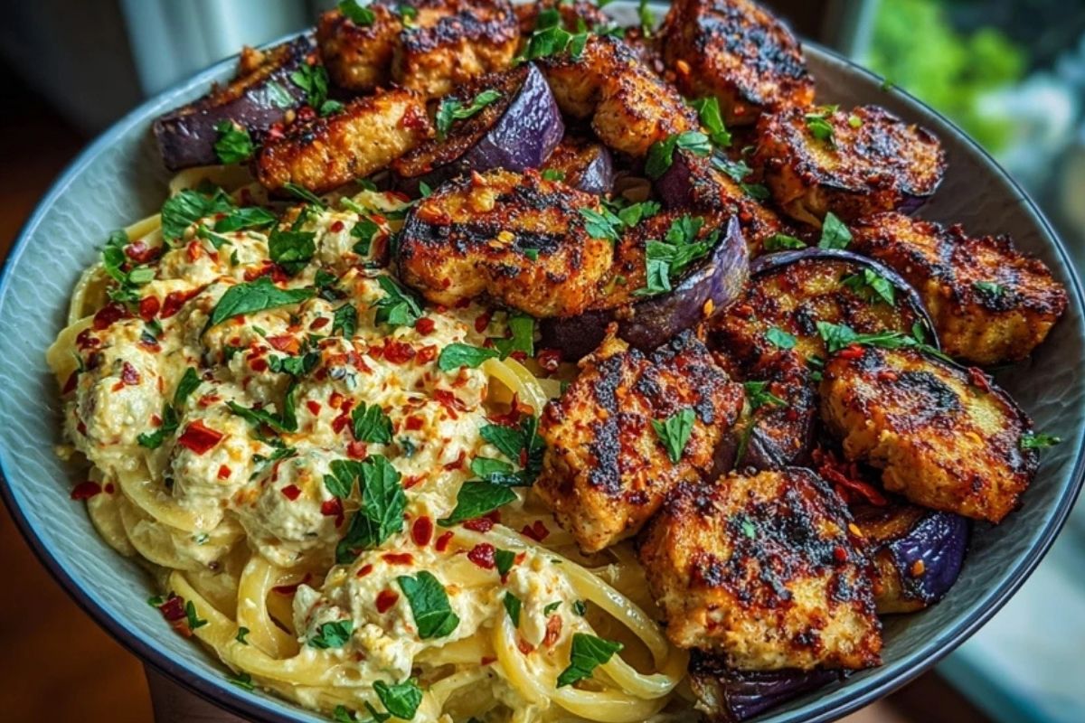Spicy Whipped Feta Chicken Alfredo with Crispy Eggplant Wedges & Chili Oil Drizzle