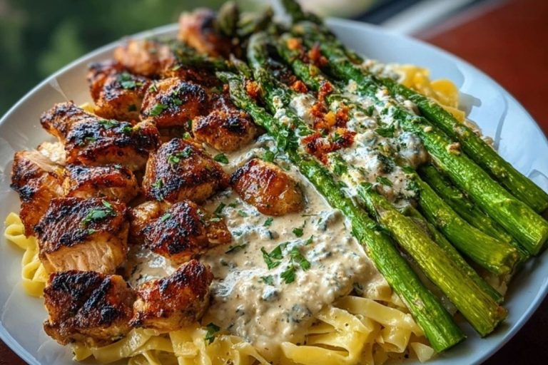 Ultimate Greek Chili Chicken Alfredo Recipe with Smoked Feta Cream & Crispy Parmesan Asparagus