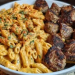 Cajun Steak Tips in Cheesy Penne Parmesan Sauce 1