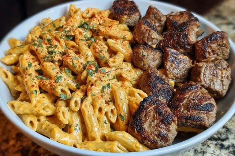 Cajun Steak Tips in Cheesy Penne Parmesan Sauce 1