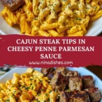 Cajun Steak Tips in Cheesy Penne Parmesan Sauce Pin