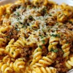 Cheesy Garlic Twisted Pasta with Cajun Ground Beef and Alfredo Velveeta 1