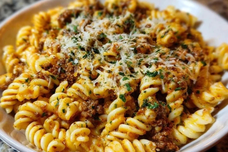 Cheesy Garlic Twisted Pasta with Cajun Ground Beef and Alfredo Velveeta 1