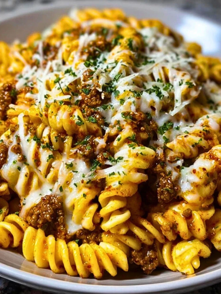 Cheesy Garlic Twisted Pasta with Cajun Ground Beef and Alfredo Velveeta 2