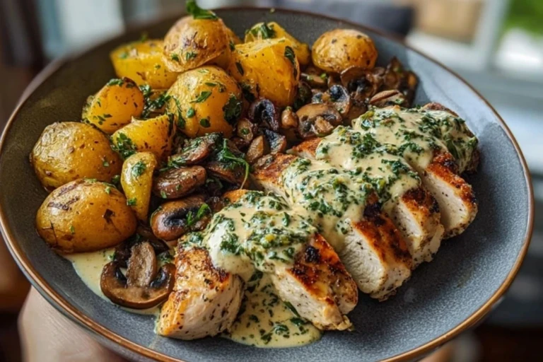 Chestnut Garlic Greek Chicken Alfredo with Sage Potatoes & Mushroom Basil Pesto Cream 1