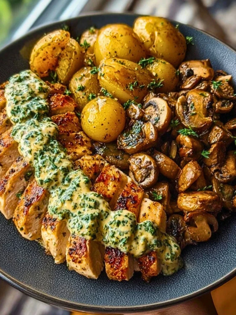 Chestnut Garlic Greek Chicken Alfredo with Sage Potatoes & Mushroom Basil Pesto Cream 2
