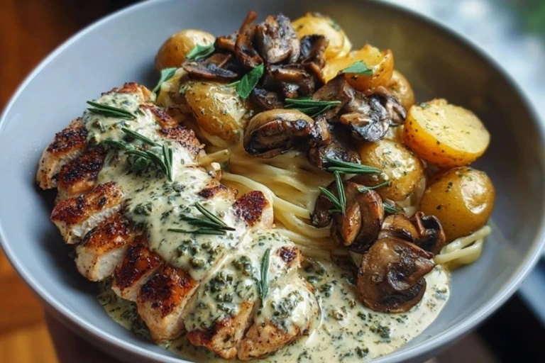 Chestnut Garlic Greek Chicken Alfredo with Sage Potatoes & Mushroom Pesto Cream 1