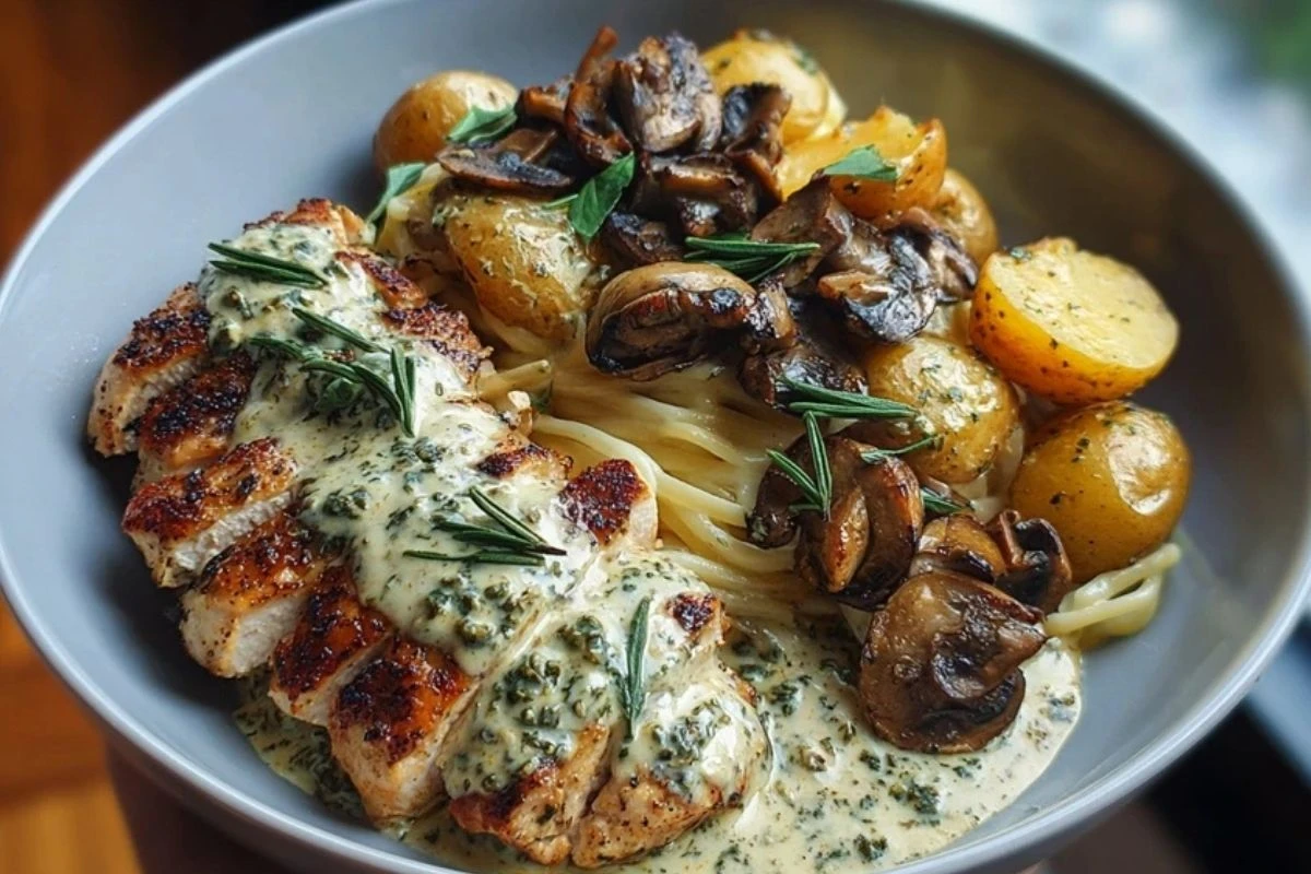 Chestnut Garlic Greek Chicken Alfredo with Sage Potatoes & Mushroom Pesto Cream 1