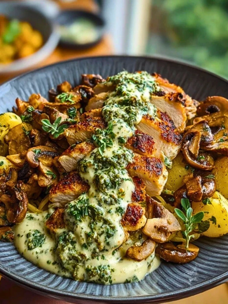 Chestnut Garlic Greek Chicken Alfredo with Sage Potatoes & Mushroom Pesto Cream 2