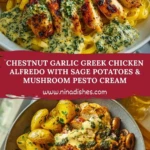 Chestnut Garlic Greek Chicken Alfredo with Sage Potatoes & Mushroom Pesto Cream Pin