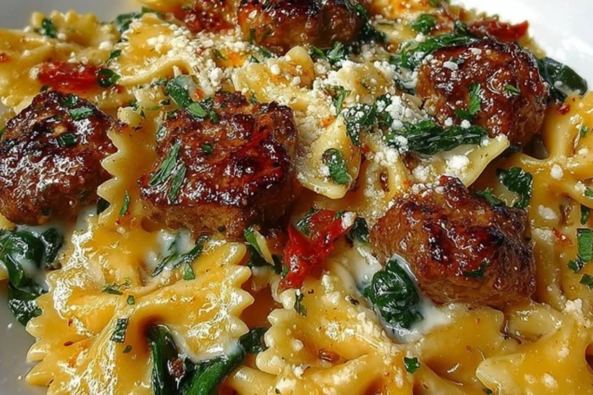 Creamy Garlic Butter Beef Bowtie Pasta with Italian Sausage & Spinach 1