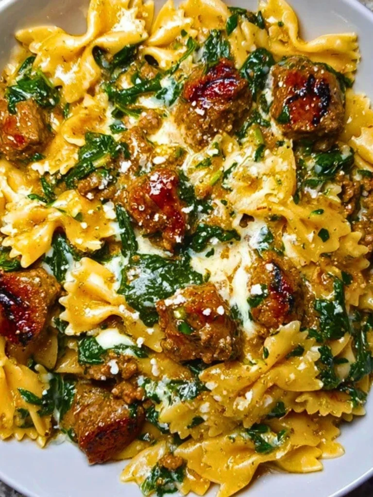 Creamy Garlic Butter Beef Bowtie Pasta with Italian Sausage & Spinach 2