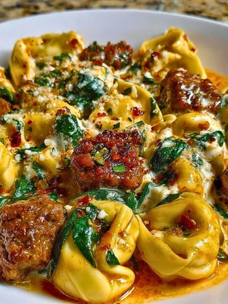 Creamy Garlic Butter Beef Tortellini with Italian Sausage & Spinach 2