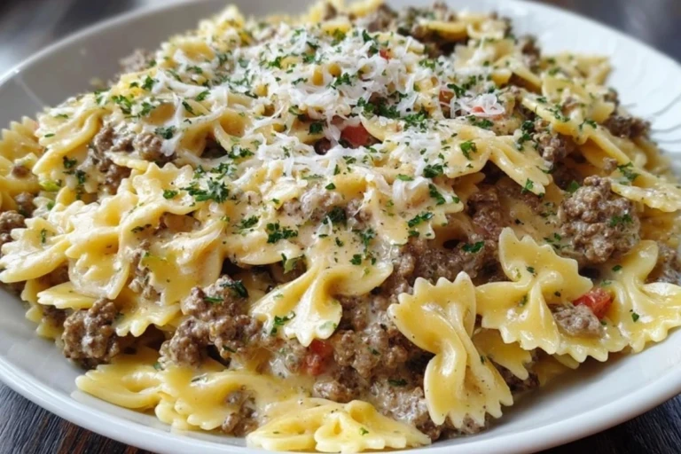 Creamy Ground Beef Bowtie Pasta with Mozzarella and Parmesan 1