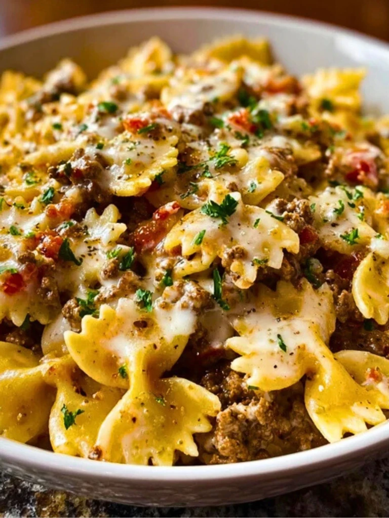 Creamy Ground Beef Bowtie Pasta with Mozzarella and Parmesan 2