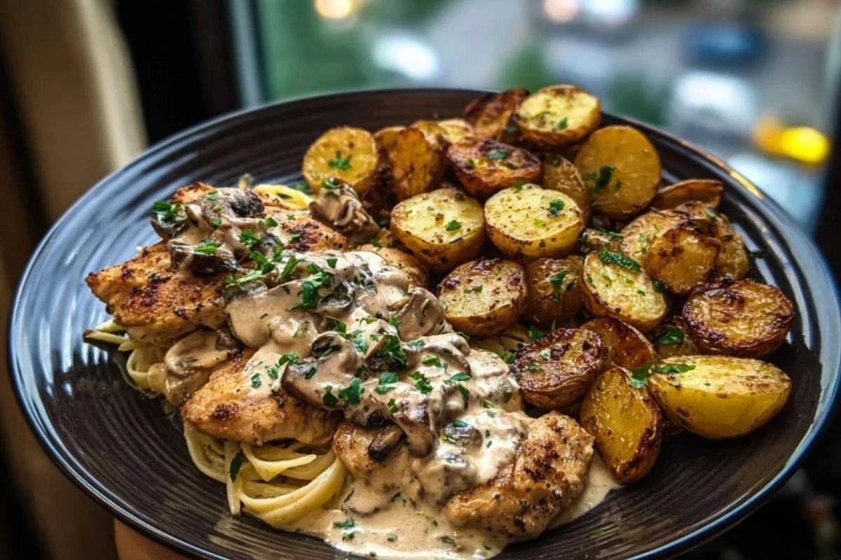 Creamy Mushroom Garlic Chicken Alfredo & Hot Honey Roasted Potatoes 1