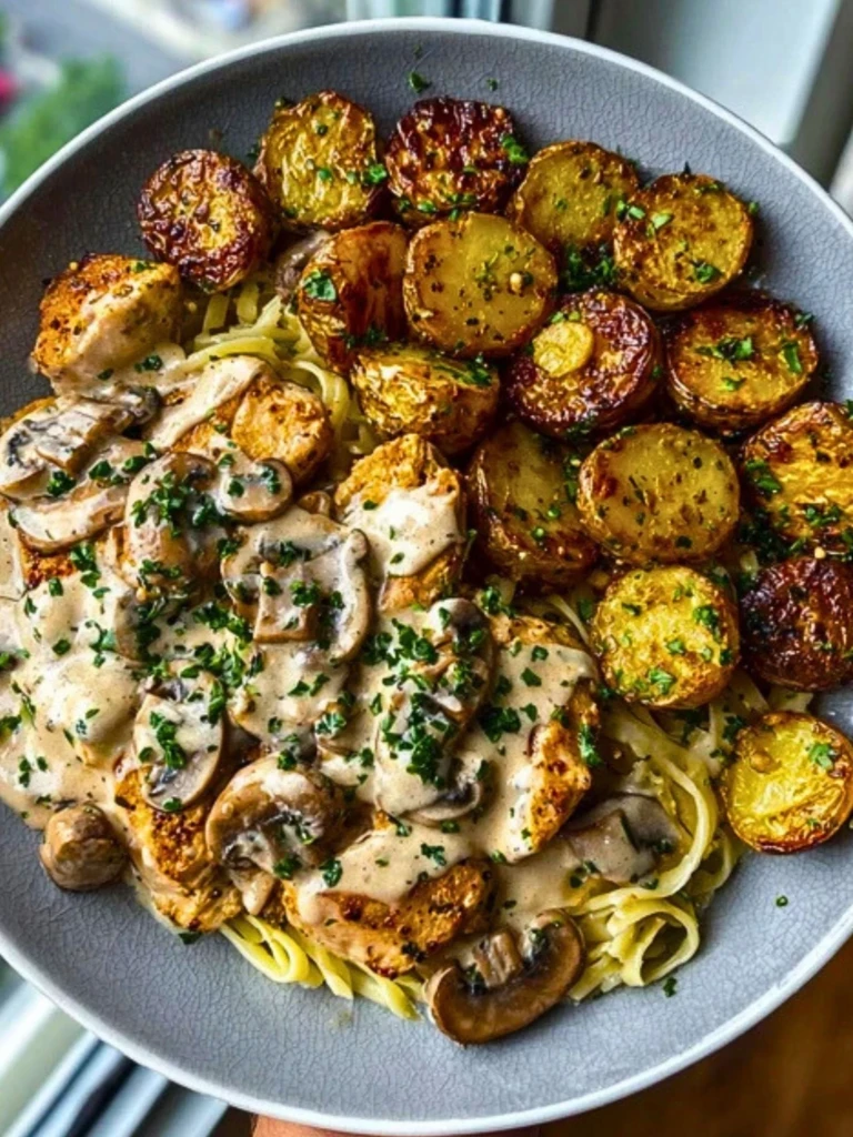 Creamy Mushroom Garlic Chicken Alfredo & Hot Honey Roasted Potatoes 2