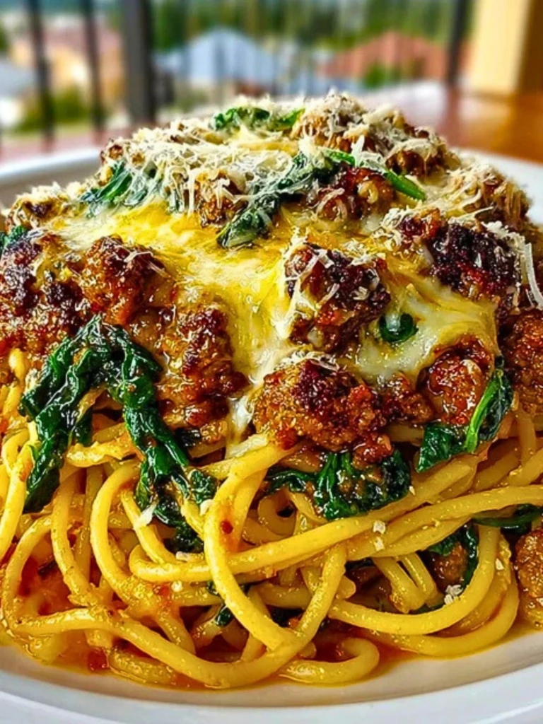 Garlic Butter Spaghetti with Cheesy Italian Sausage and Spinach 2
