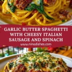 Garlic Butter Spaghetti with Cheesy Italian Sausage and Spinach Pin