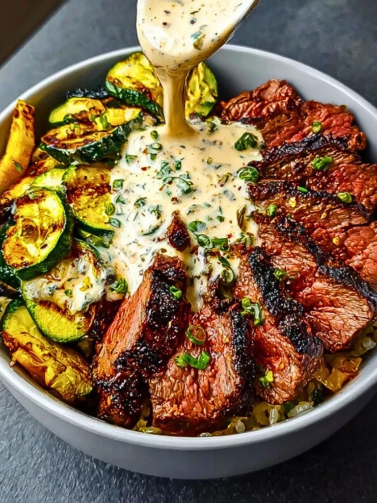 Grilled Steak Bowl with Creamy Sauce & Grilled Zucchini 2