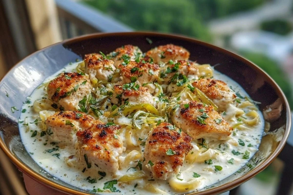 Herbed Chicken Alfredo with Truffle Feta Cream & Crispy Parmesan Leeks 1