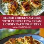 Herbed Chicken Alfredo with Truffle Feta Cream & Crispy Parmesan Leeks Pin