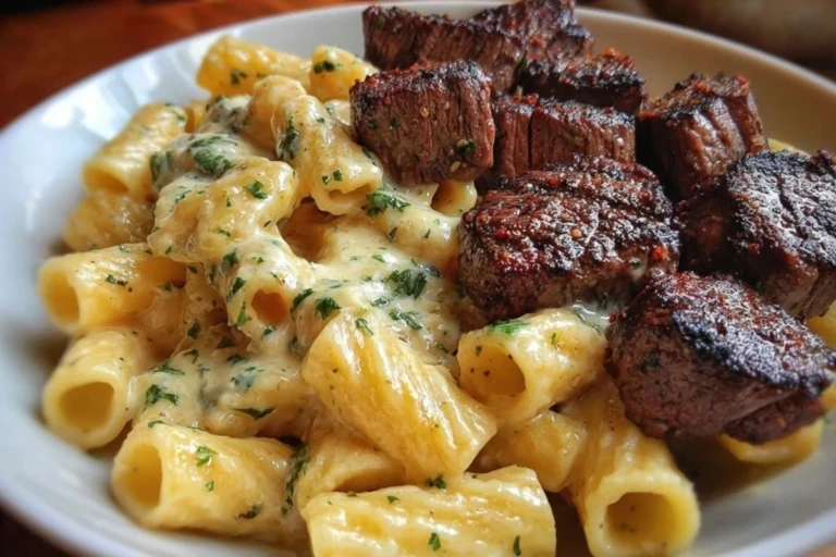 Rigatoni in Garlic Butter Parmesan Cream Sauce with Cajun Steak Tips 1