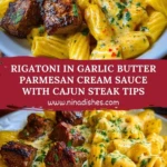 Rigatoni in Garlic Butter Parmesan Cream Sauce with Cajun Steak Tips Pin