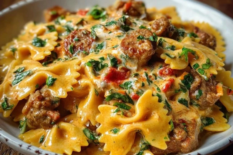 Spicy Cajun Bowtie Pasta with Beef, Sausage & Creamy Garlic Sauce 1