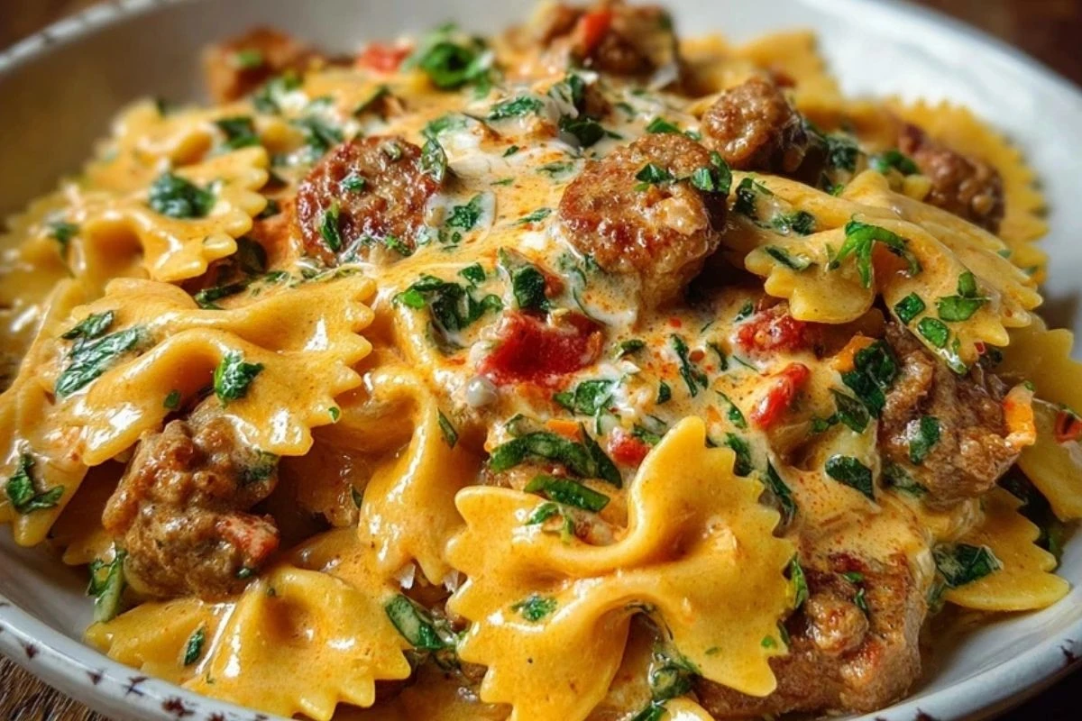 Spicy Cajun Bowtie Pasta with Beef, Sausage & Creamy Garlic Sauce 1