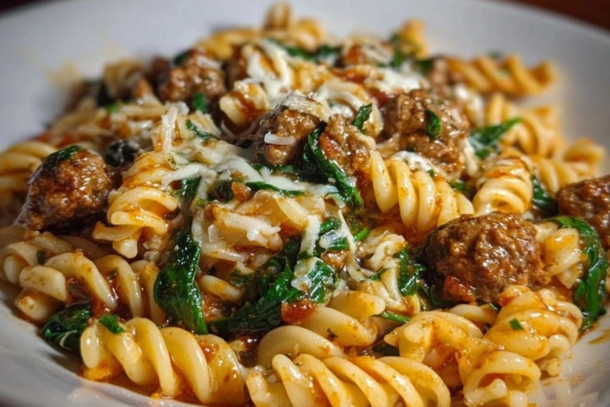 Weeknight Garlic Butter Rotini with Beef, Italian Sausage and Spinach 1