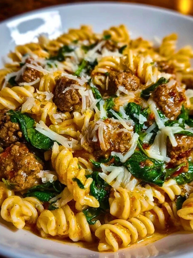 Weeknight Garlic Butter Rotini with Beef, Italian Sausage and Spinach 2