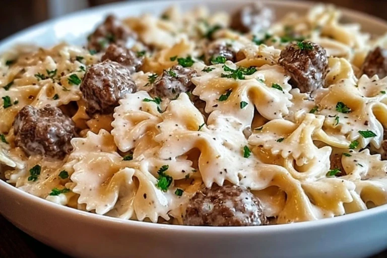Beef and Bowtie Pasta with Alfredo Sauce 1