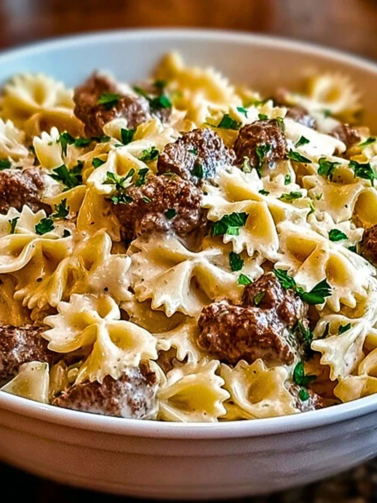 Beef and Bowtie Pasta with Alfredo Sauce 2