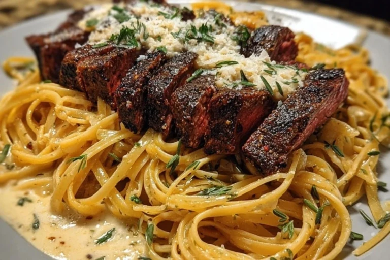 Cajun Garlic Butter Steak over Creamy Parmesan Linguine 1