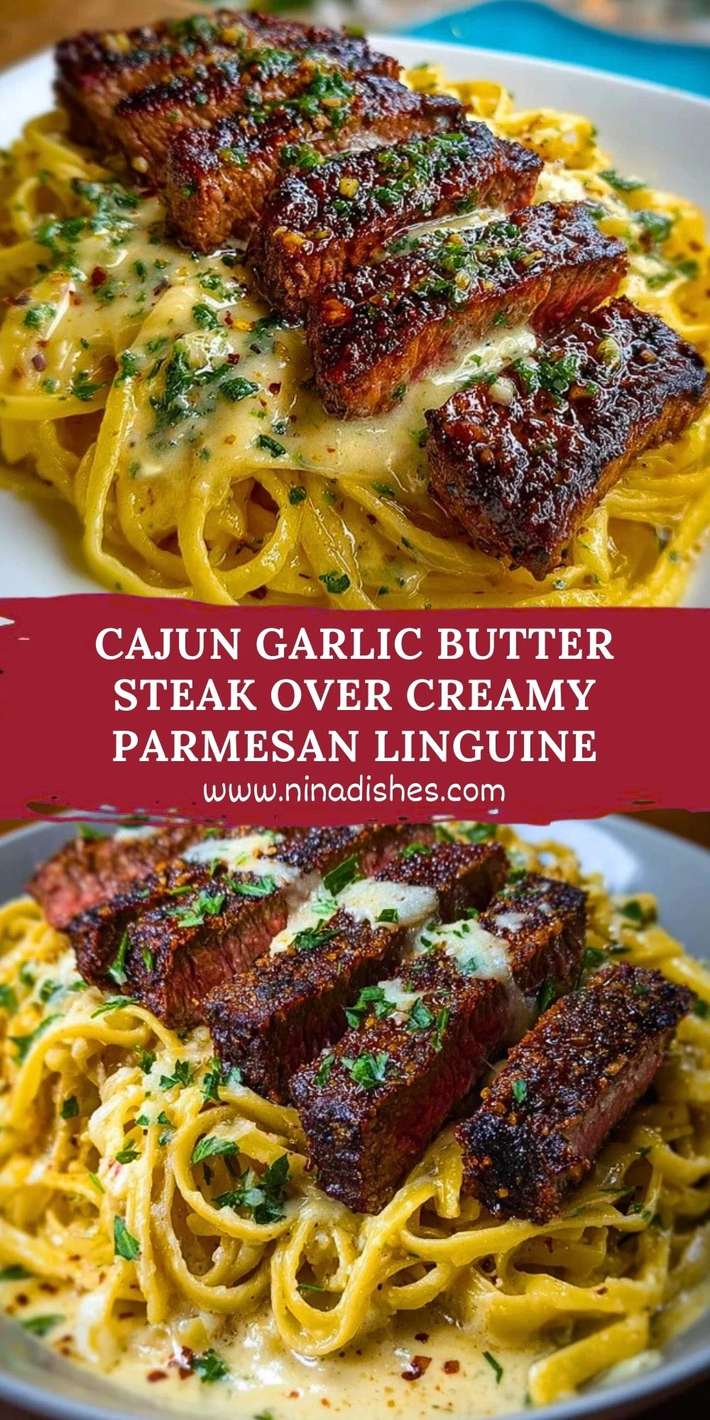 Cajun Garlic Butter Steak over Creamy Parmesan Linguine Pin 1